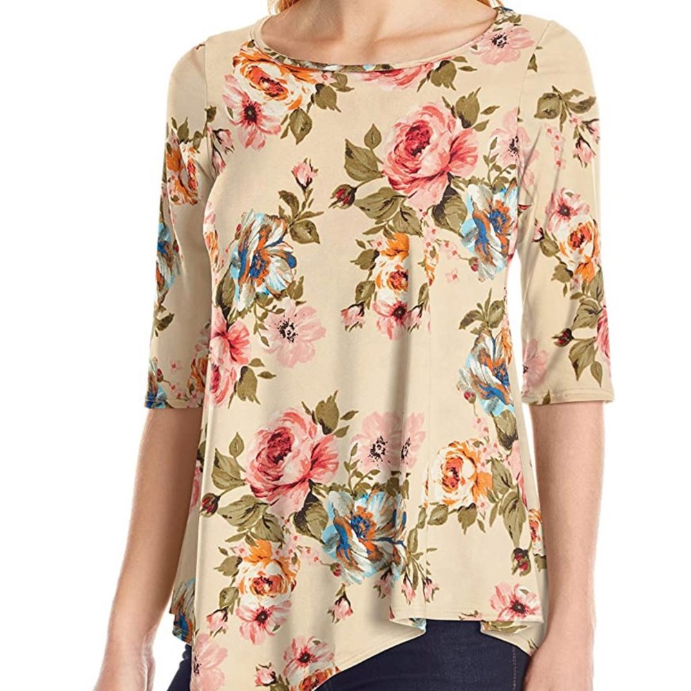 Star Vixen Women's Elbow Sleeve Hanky Hem Tunic Size Medium Light Floral